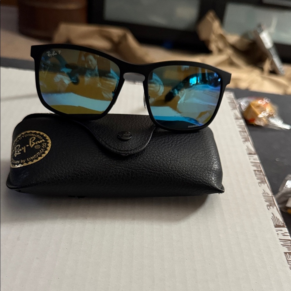 Ray-Ban Black Frame Sunglasses with Blue and Gold Mirrored Lenses with case
